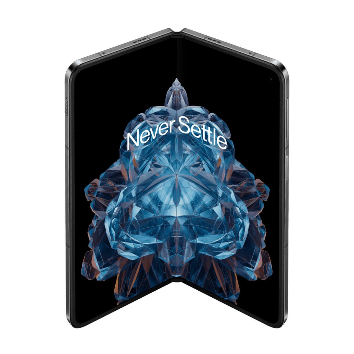 Uno smartphone pieghevole con bordo nero mostra uno sfondo blu cristallino con la scritta "Never Settle".