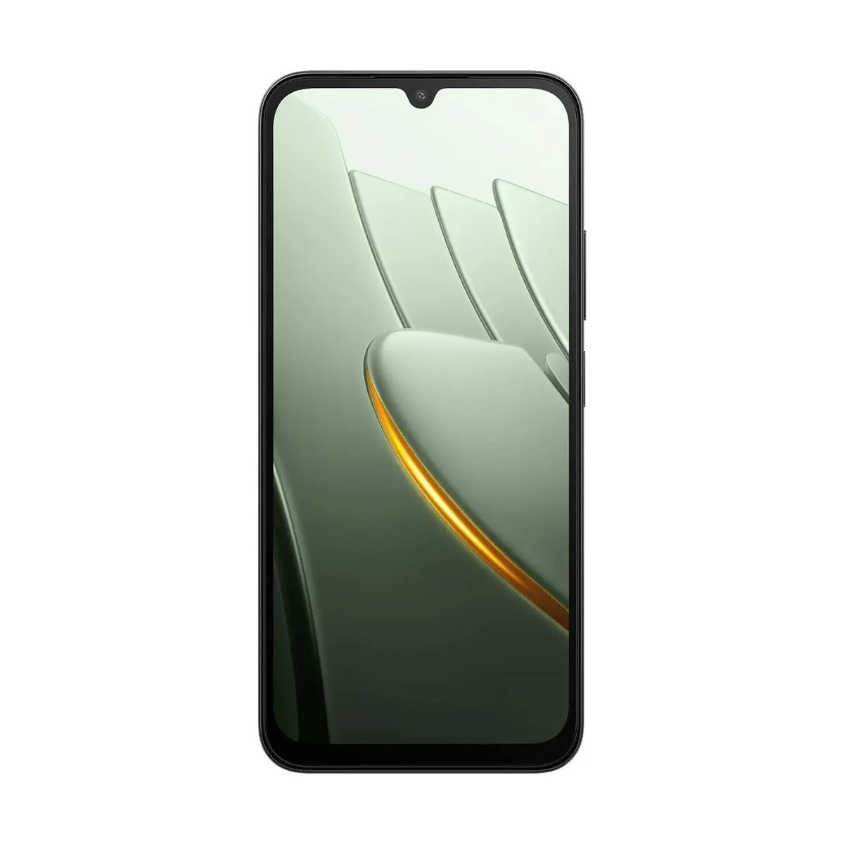 Uno smartphone nero con angoli arrotondati e uno sfondo astratto verde sul display.