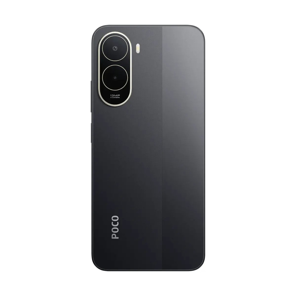 Retro di uno smartphone POCO scuro con doppia fotocamera verticale e logo in basso a sinistra su sfondo bianco.