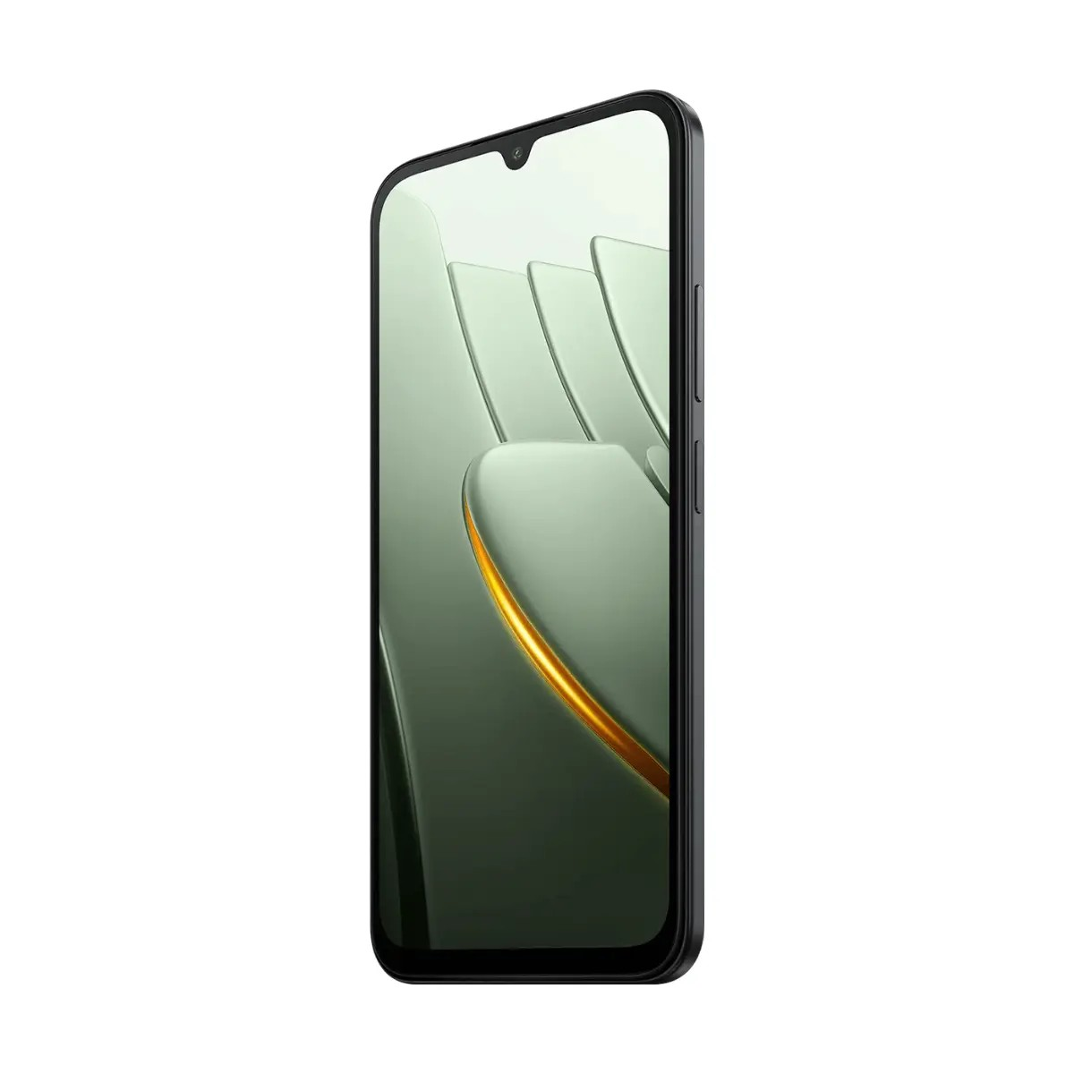 Uno smartphone nero con angoli arrotondati e uno schermo che mostra un motivo verde astratto.