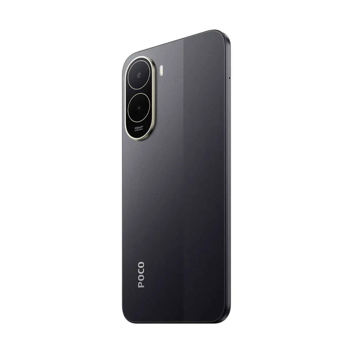 Retro di uno smartphone Poco nero con una fotocamera doppia verticale e logo del marchio.