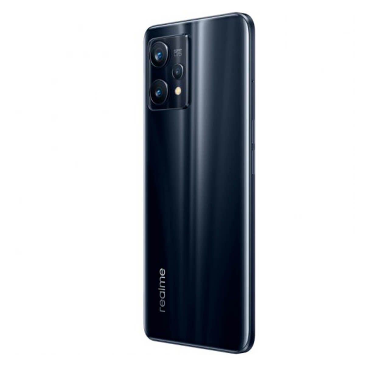Retro di uno smartphone Realme scuro con modulo fotocamera rettangolare e logo del marchio su sfondo bianco.