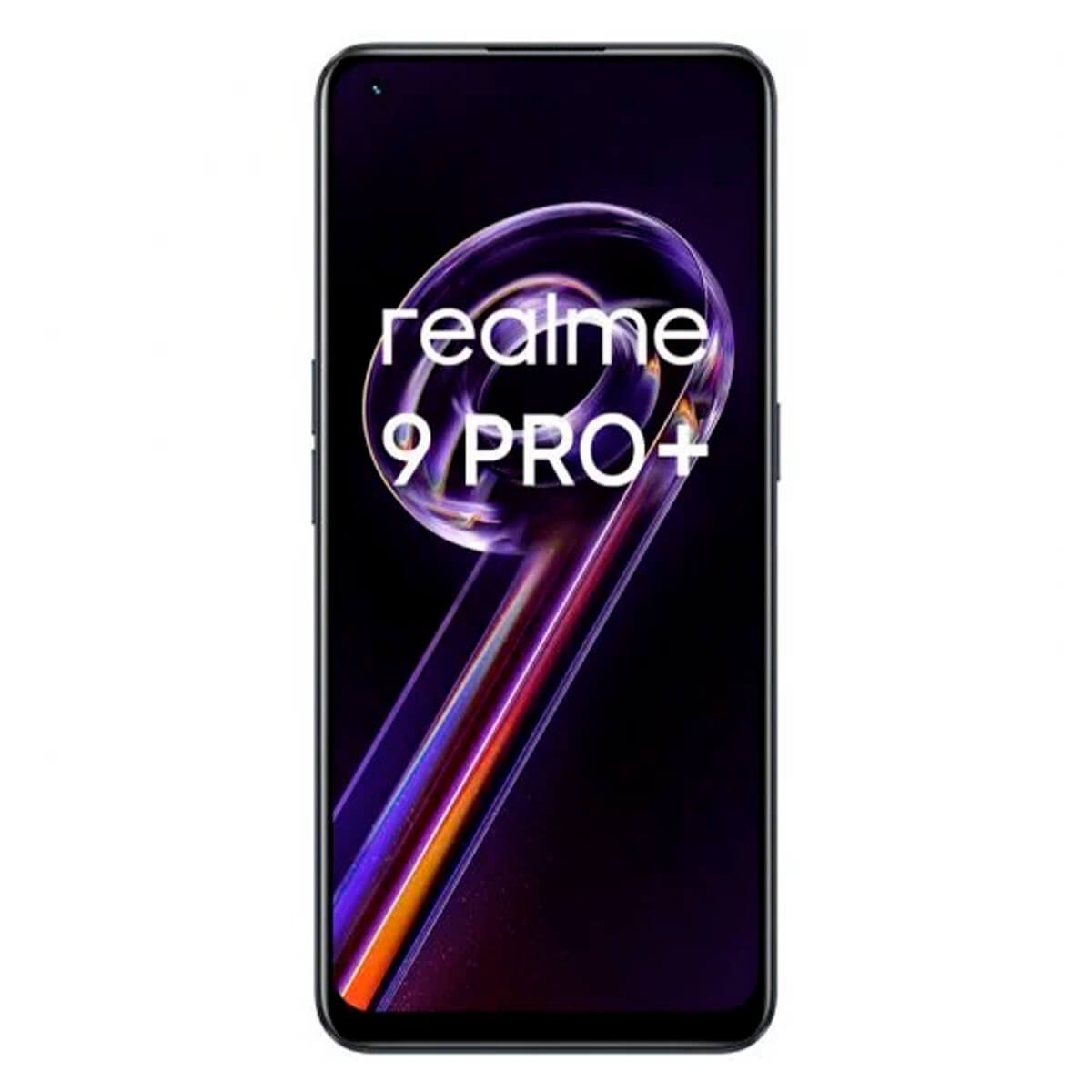 Smartphone con scocca nera e logo Realme 9 Pro+ sullo schermo su sfondo bianco.