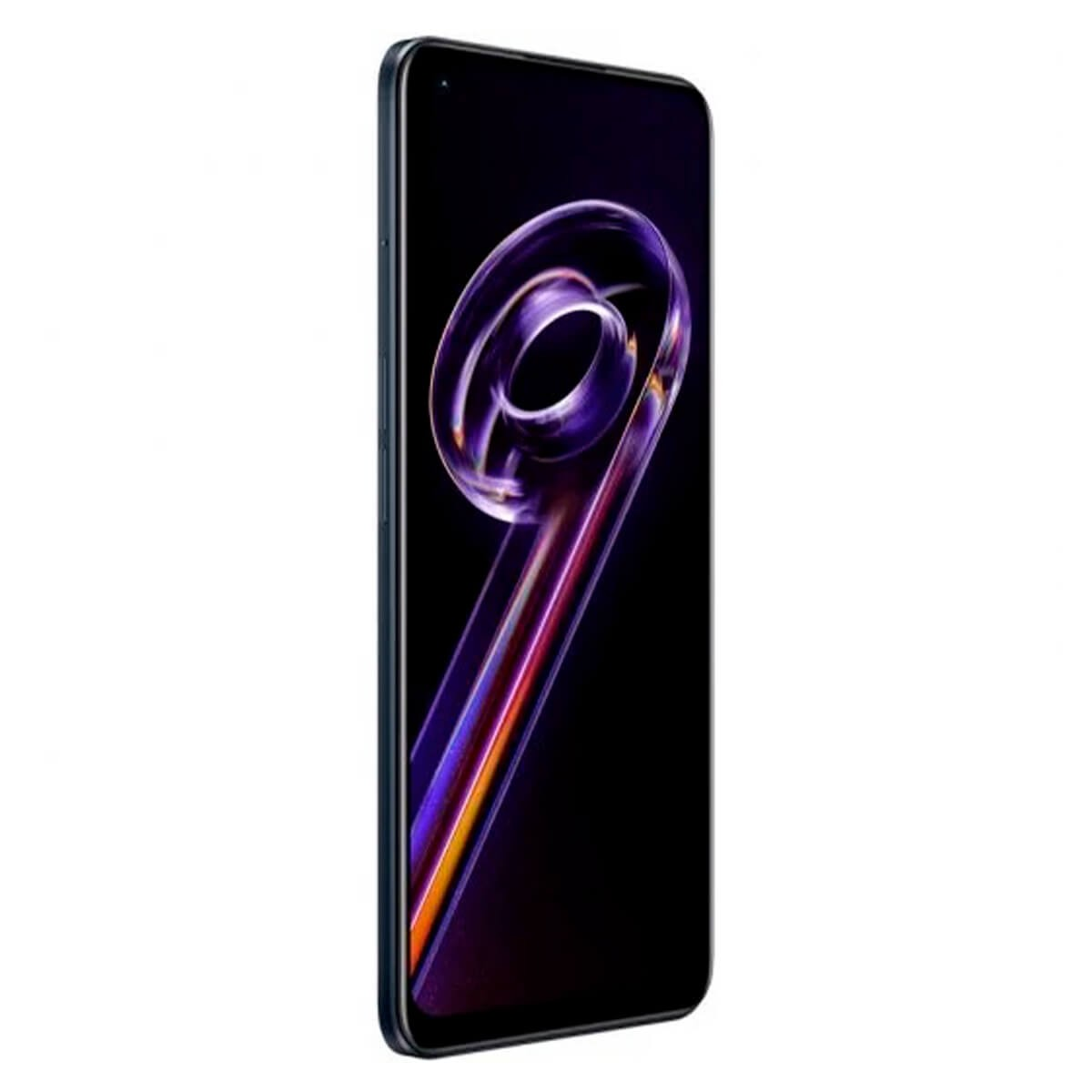Uno smartphone nero leggermente inclinato mostra una grafica astratta viola e arancione sullo schermo.