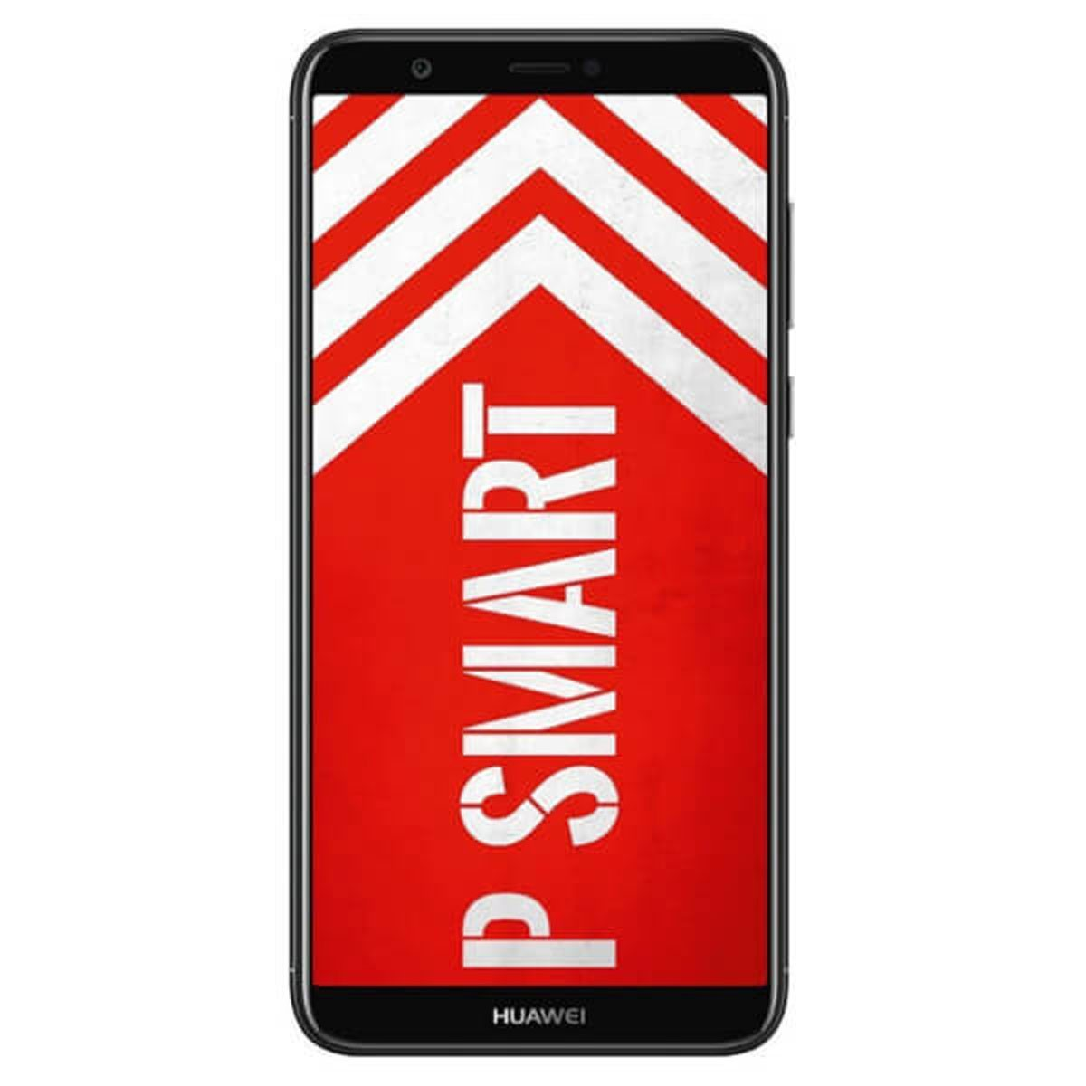 Ein schwarzes Huawei-Smartphone mit rot-weisses Hintergrundbild und der Aufschrift P SMART.