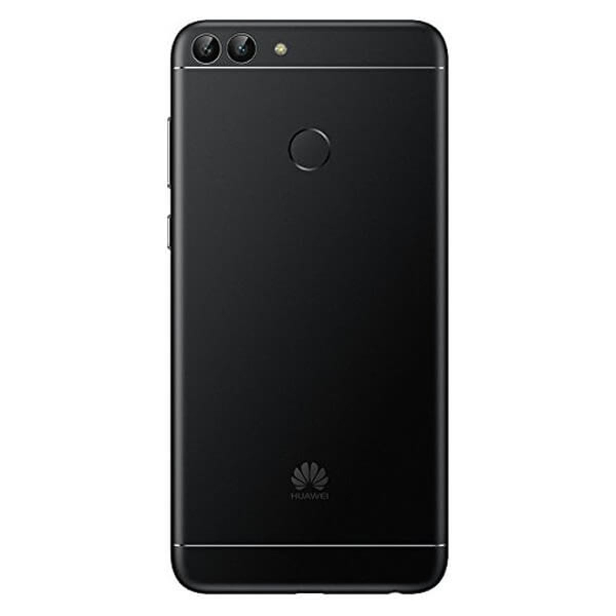 Rückseite eines schwarzen Huawei-Smartphones mit Dual-Kamera, kreisrundem Fingerabdrucksensor und Huawei-Logo.