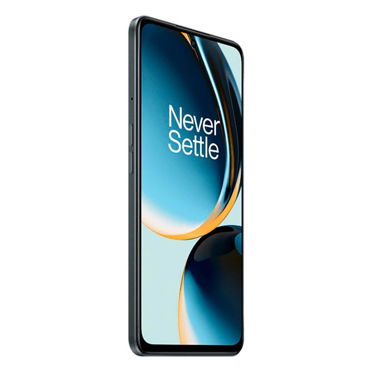 Uno smartphone nero inclinato mostra uno sfondo blu e arancione con il testo "Never Settle".