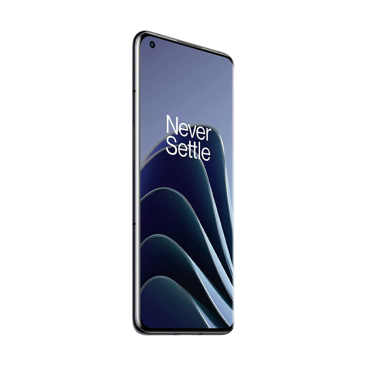 Uno smartphone con schermo curvo mostra il testo Never Settle sullo sfondo blu.