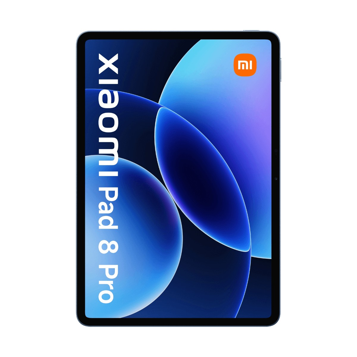 Un tablet Xiaomi Pad 8 Pro con schermo blu e logo Xiaomi.