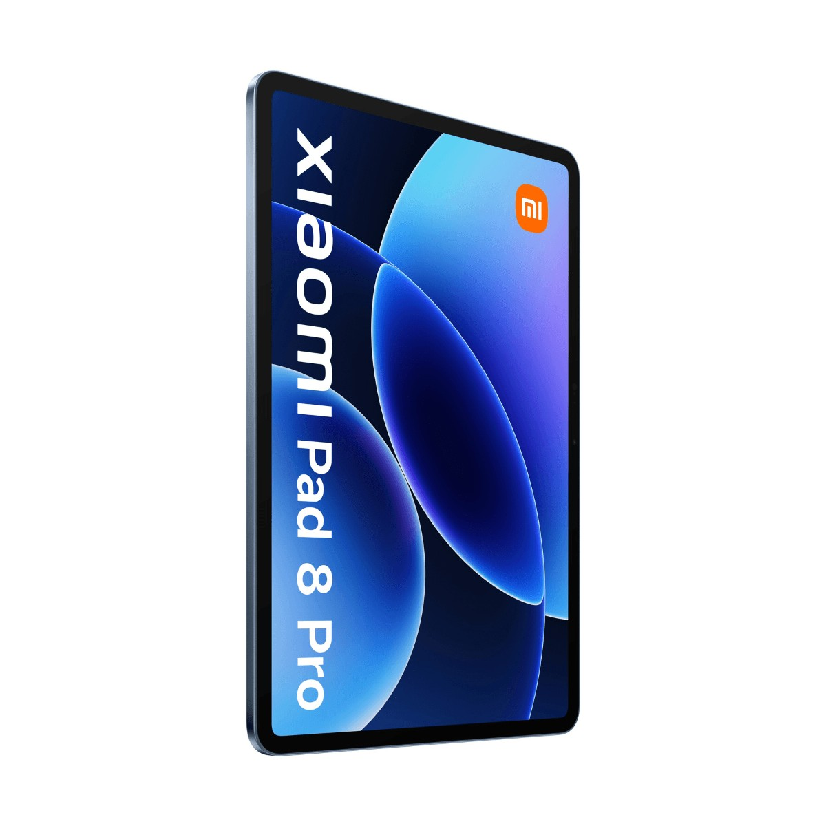 Un Xiaomi Pad 8 Pro blu con testo promozionale sullo schermo, isolato su sfondo bianco.