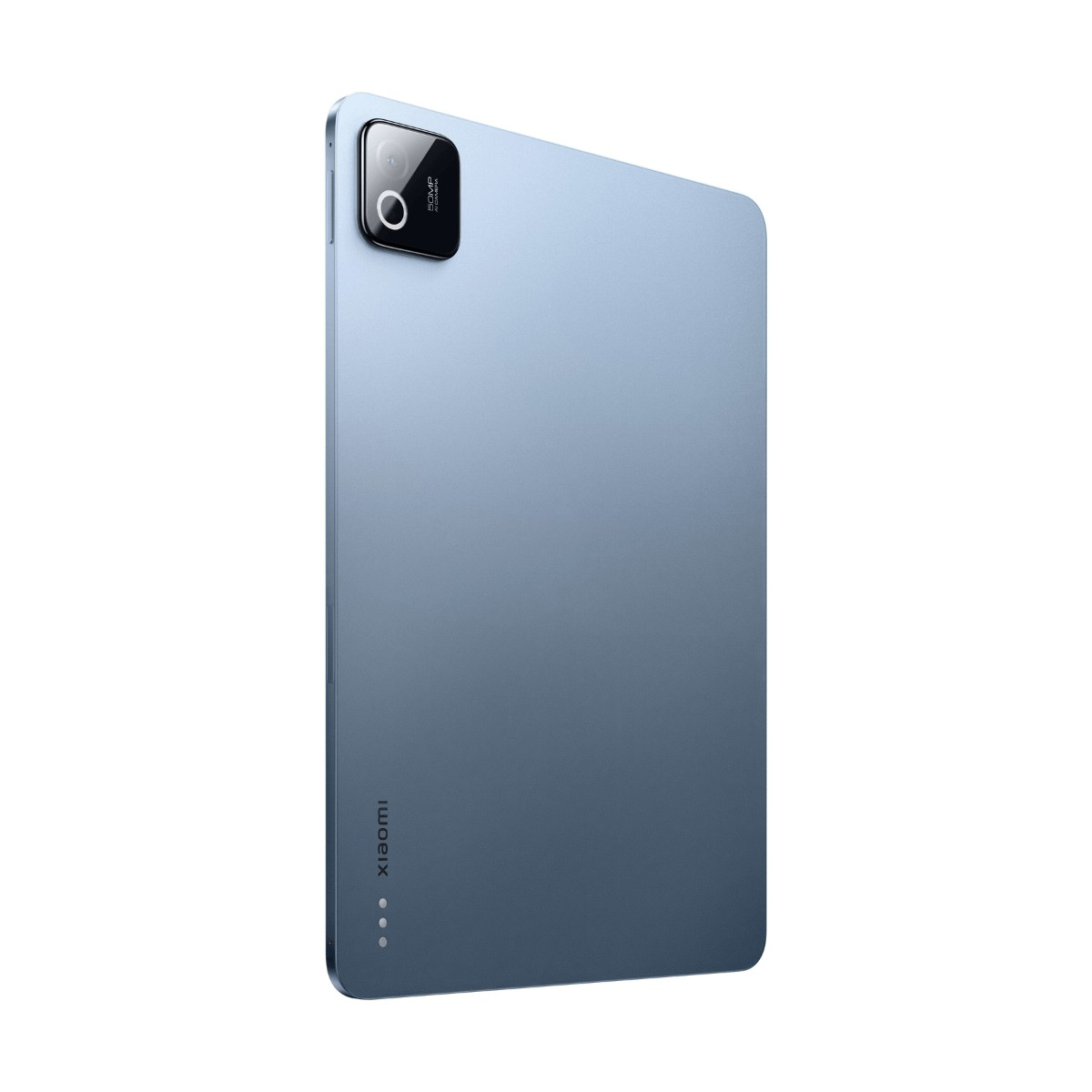 Vista posteriore di un tablet Xiaomi azzurro con modulo fotocamera rettangolare in alto a sinistra e logo.