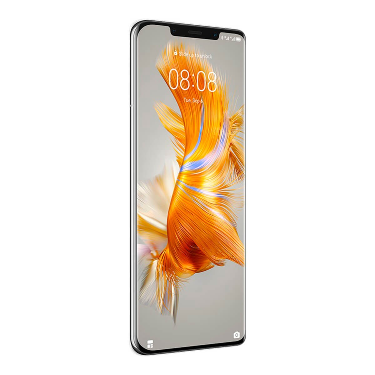 Smartphone im Querformat mit einem lebendigen orangen abstrakten Feder-Hintergrundbild auf dem Bildschirm.