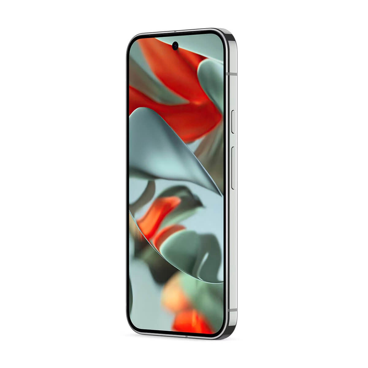 Uno smartphone con cornice grigio argento mostra un motivo astratto di rosso e azzurro sullo schermo.