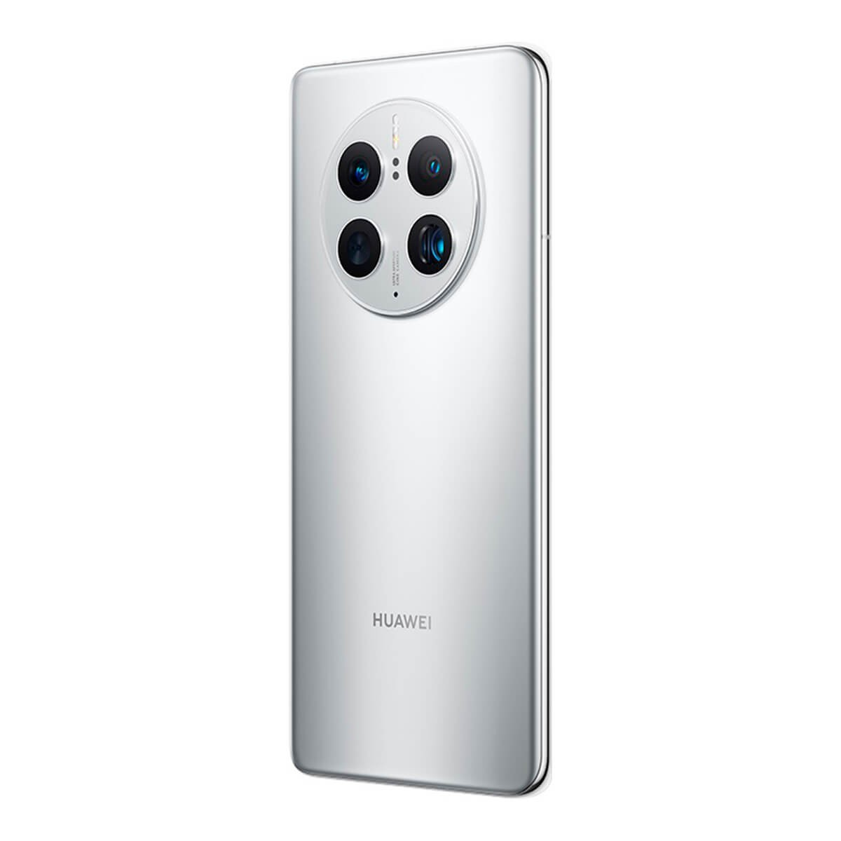 Rückseite eines silbernen Huawei-Smartphones mit großem runden Kamera-Modul und Huawei-Logo.