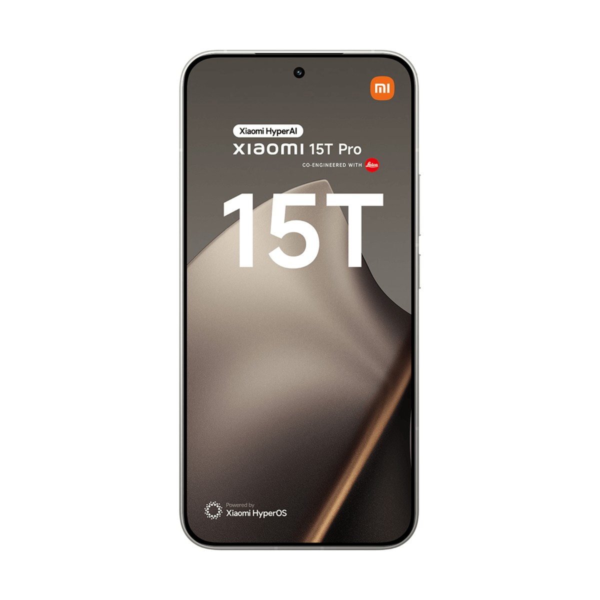 Vista frontale dello smartphone Xiaomi 15T Pro con la scritta 15T e il logo sullo schermo.