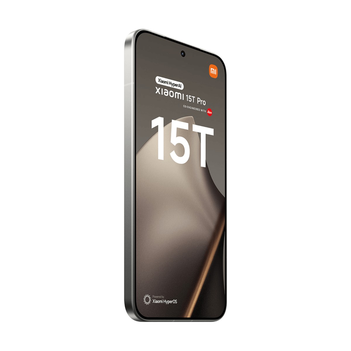 Uno smartphone elegante con interfaccia Xiaomi 15T Pro sullo schermo, leggermente inclinato.