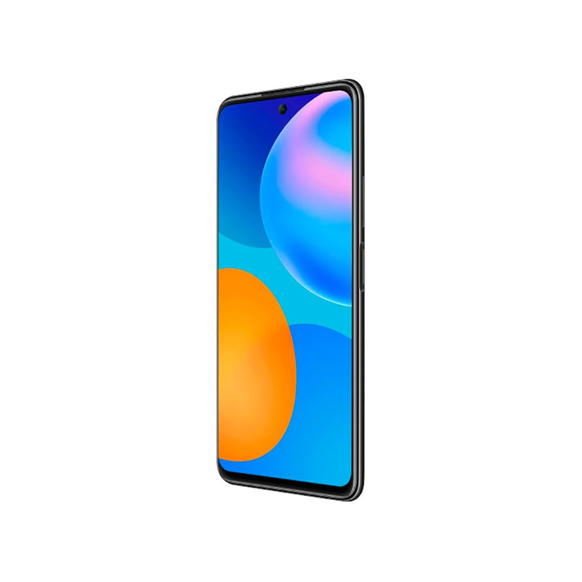 Uno smartphone nero inclinato su sfondo bianco, con uno sfondo colorato blu, arancione e rosa.