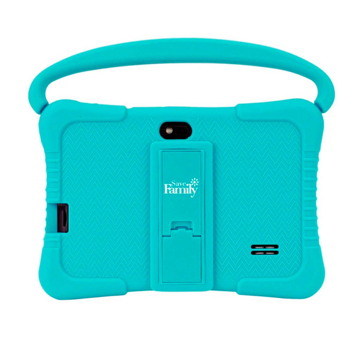 Una funda de tableta turquesa con soporte integrado, recorte para cámara y asa sobre fondo blanco.