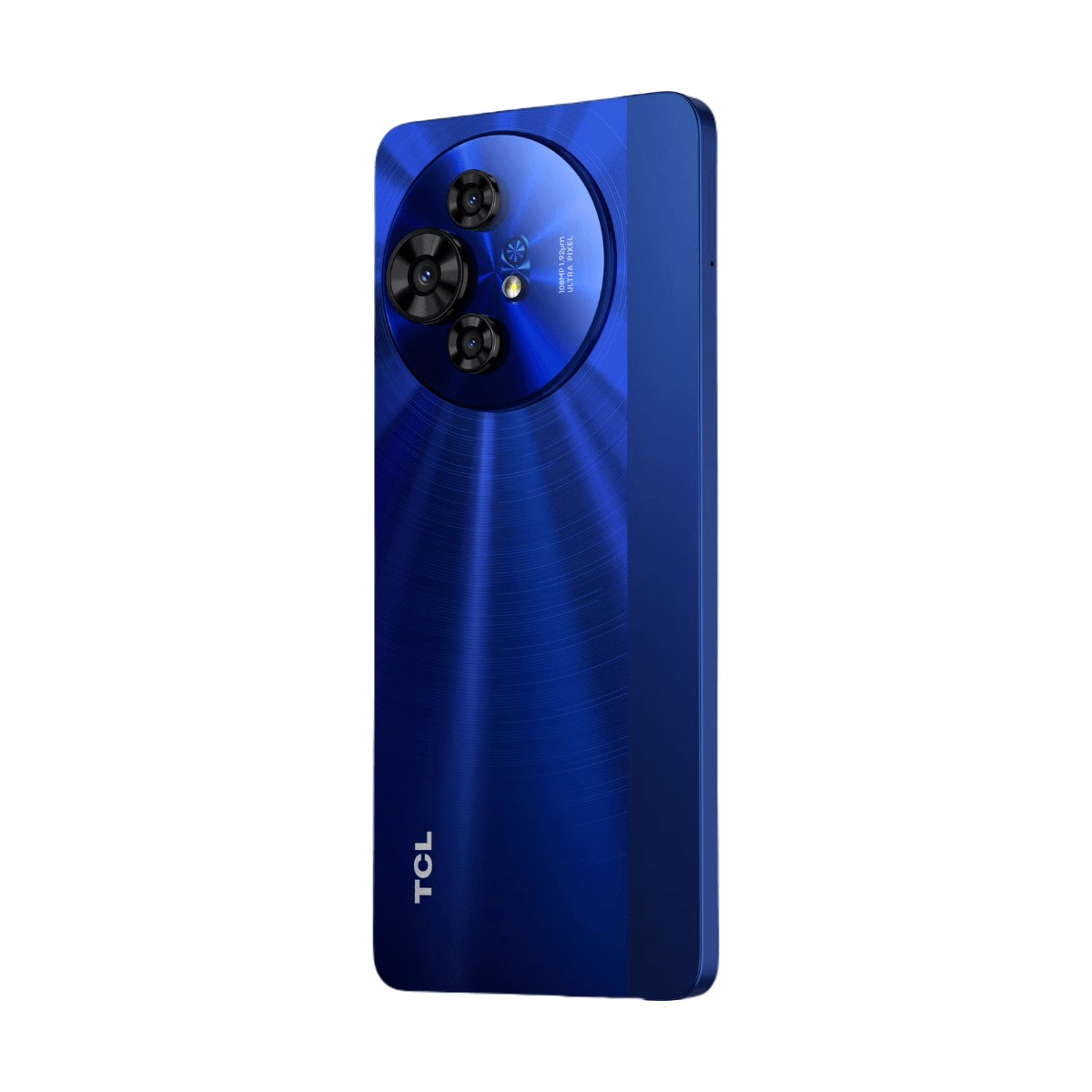 Retro blu di uno smartphone TCL con modulo fotocamera circolare e logo.