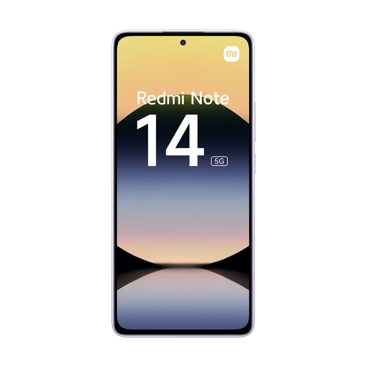 Uno smartphone che mostra Redmi Note 14 5G sullo schermo con uno sfondo paesaggistico al tramonto.
