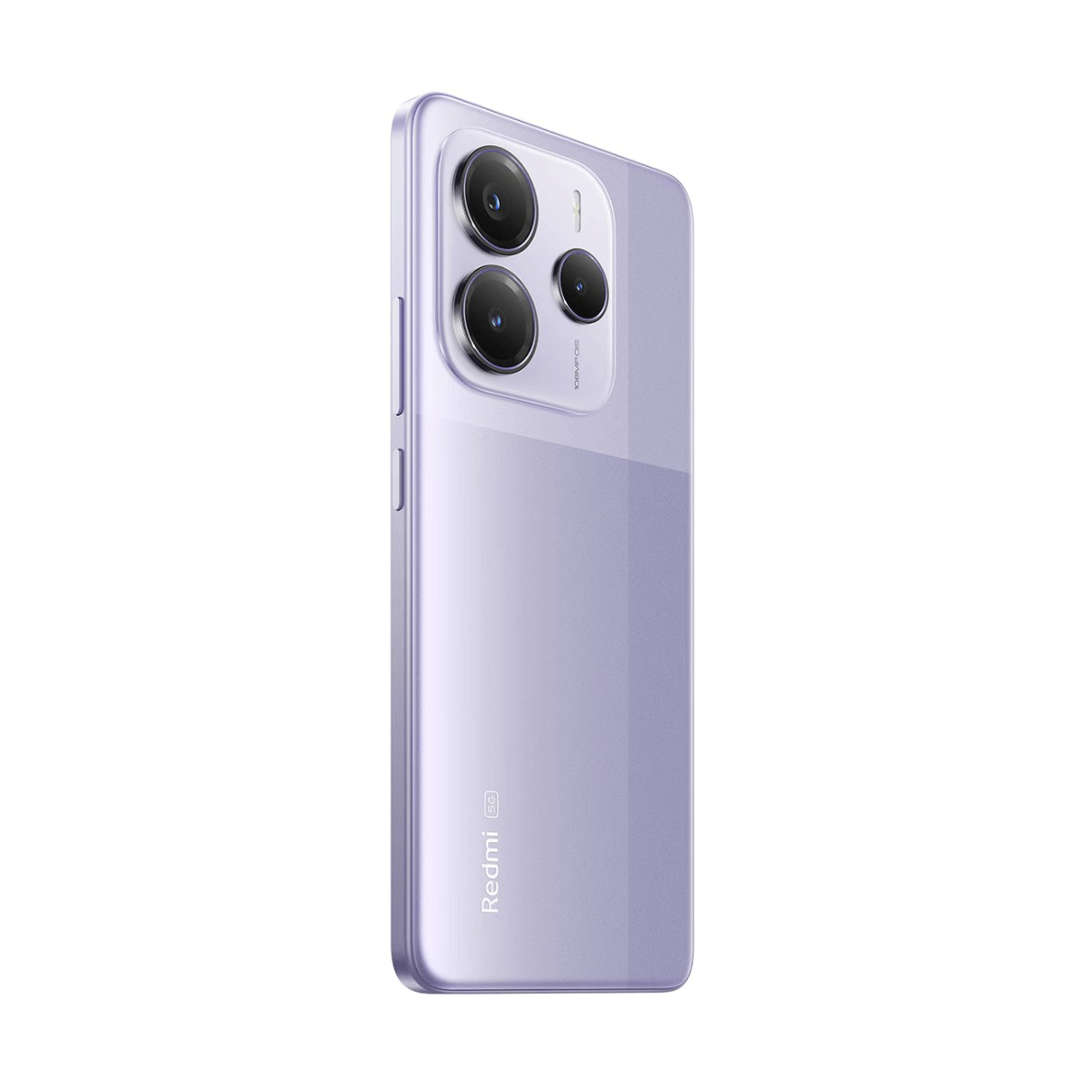 Retro di uno smartphone Redmi viola chiaro con modulo tripla fotocamera e logo.