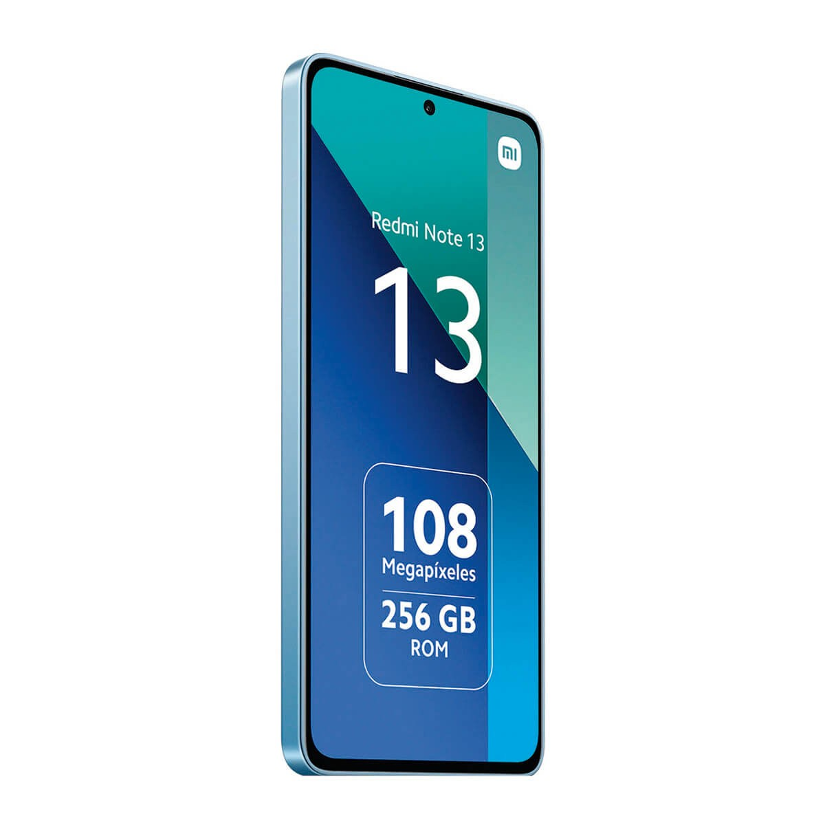 Hellblaues Xiaomi Redmi Note 13 Smartphone mit Display-Spezifikationen wie 108 Megapixel und 256 GB ROM.