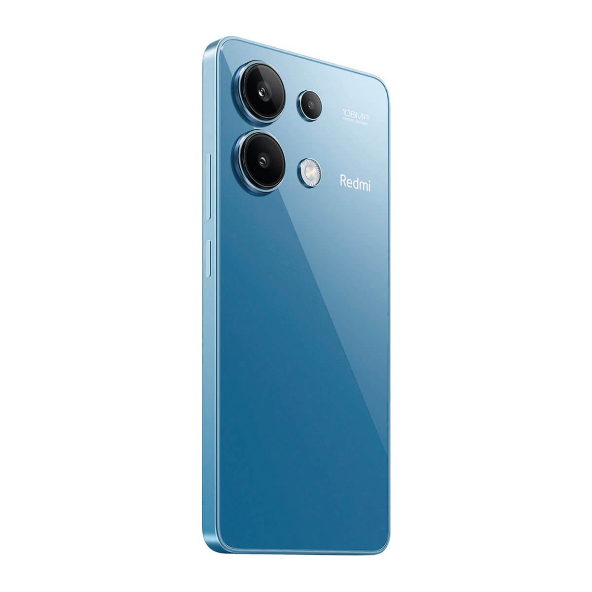 Rückseite eines blauen Smartphones mit zwei großen Kameraobjektiven und dem Redmi-Logo.