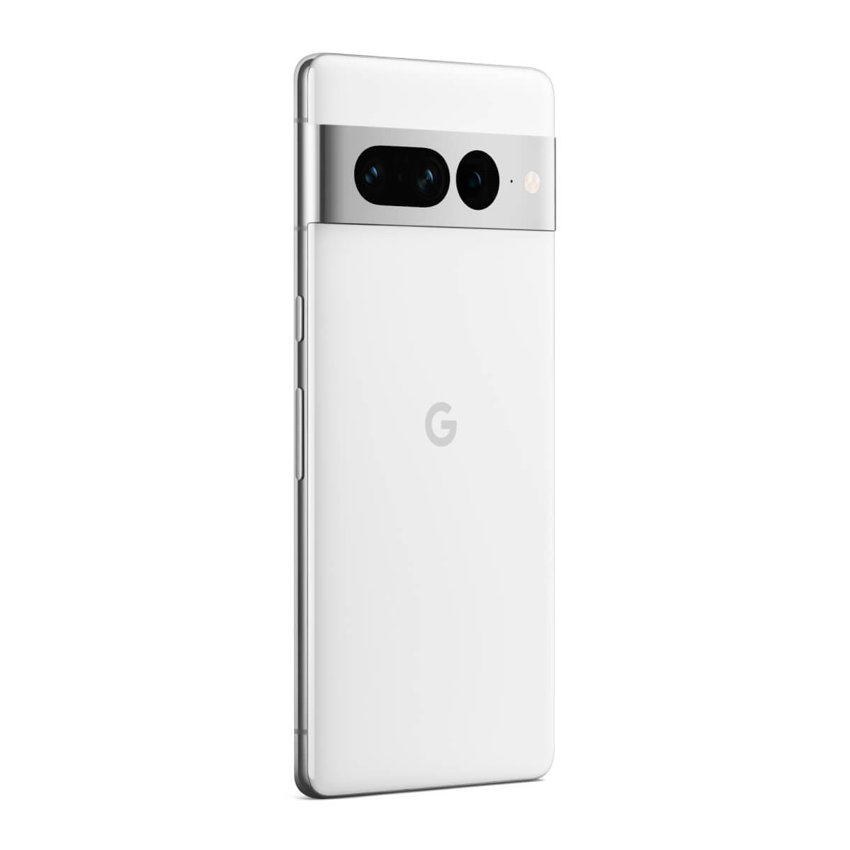 Rückansicht eines weißen Smartphones mit horizontalem Kameramodul oben und dem Google-Logo in der Mitte.