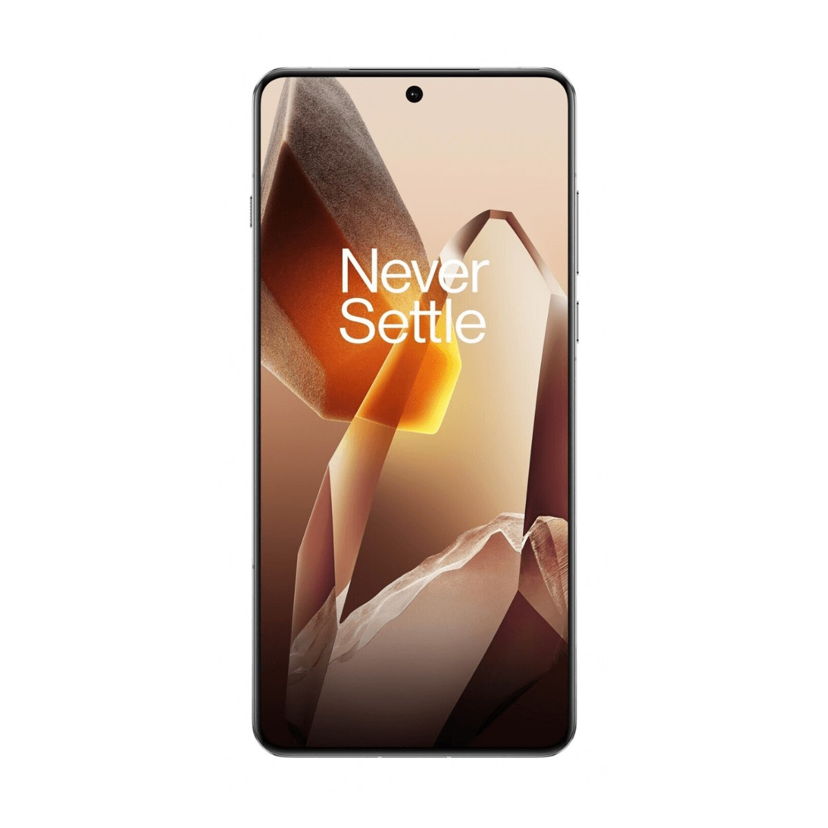 Un smartphone affichant un écran avec des formes géométriques brunes et le texte "Never Settle".