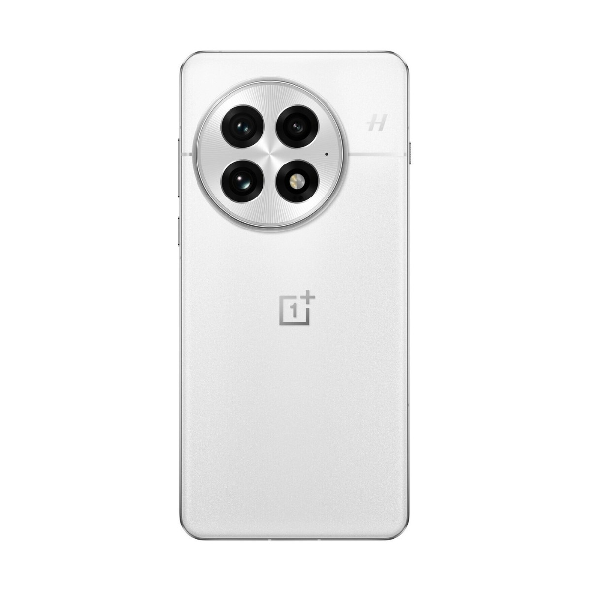 Le dos d'un smartphone blanc avec quatre objectifs photo dans un module circulaire et le logo OnePlus.