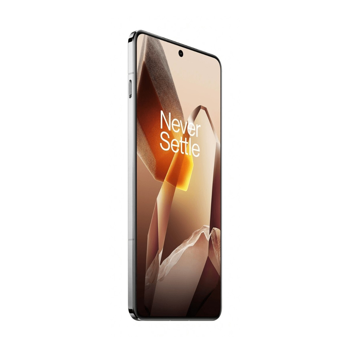Un smartphone au cadre gris argenté affiche le slogan Never Settle sur son écran aux tons bruns.