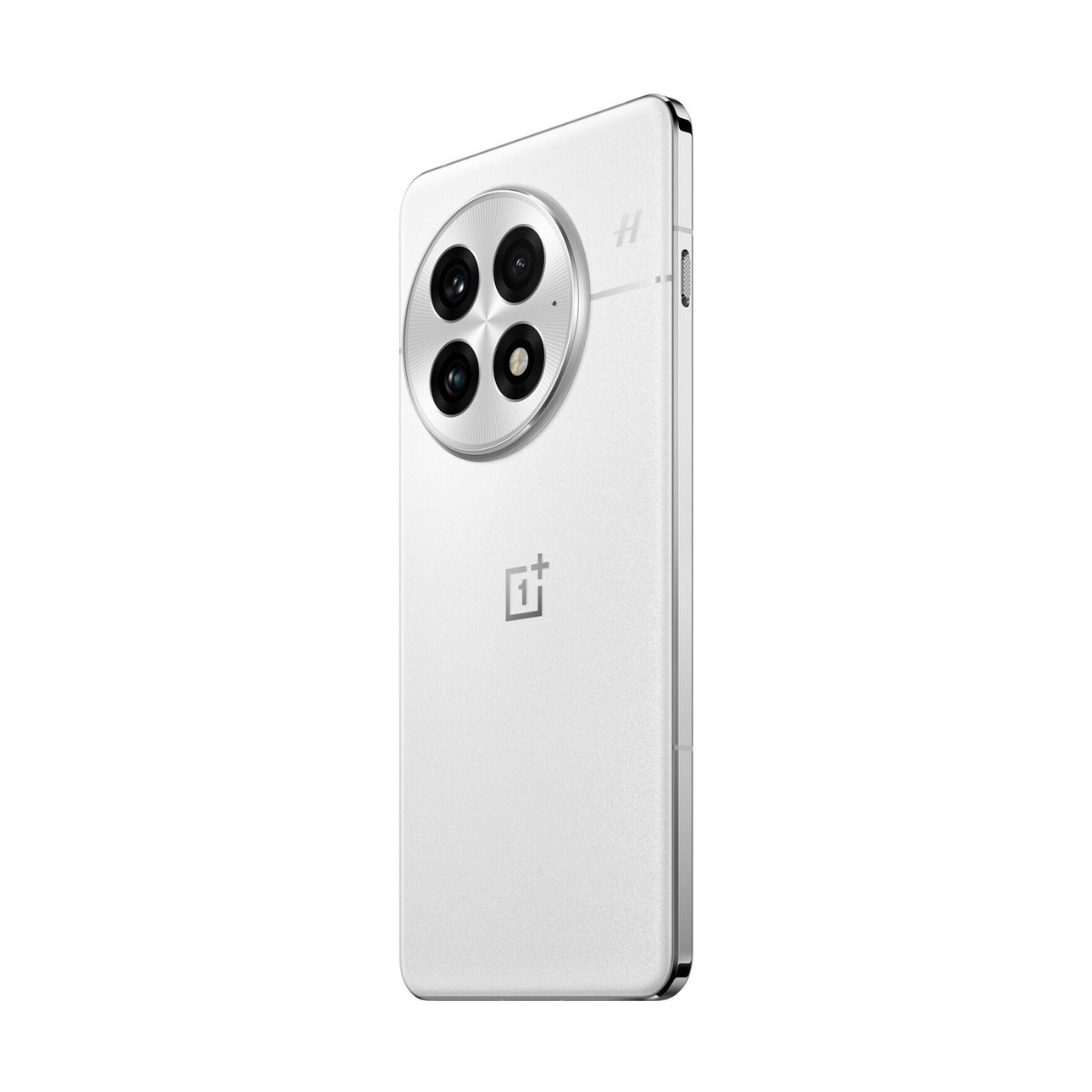 Un smartphone blanc inclinable montre l'arrière avec un grand module photo circulaire et le logo OnePlus.