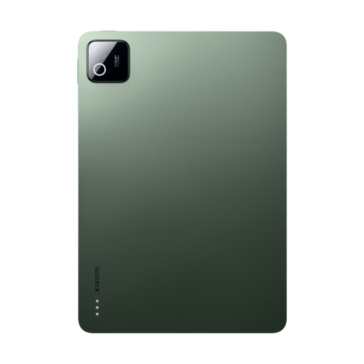 Retro di un tablet Xiaomi verde con modulo fotocamera rettangolare in alto e logo.