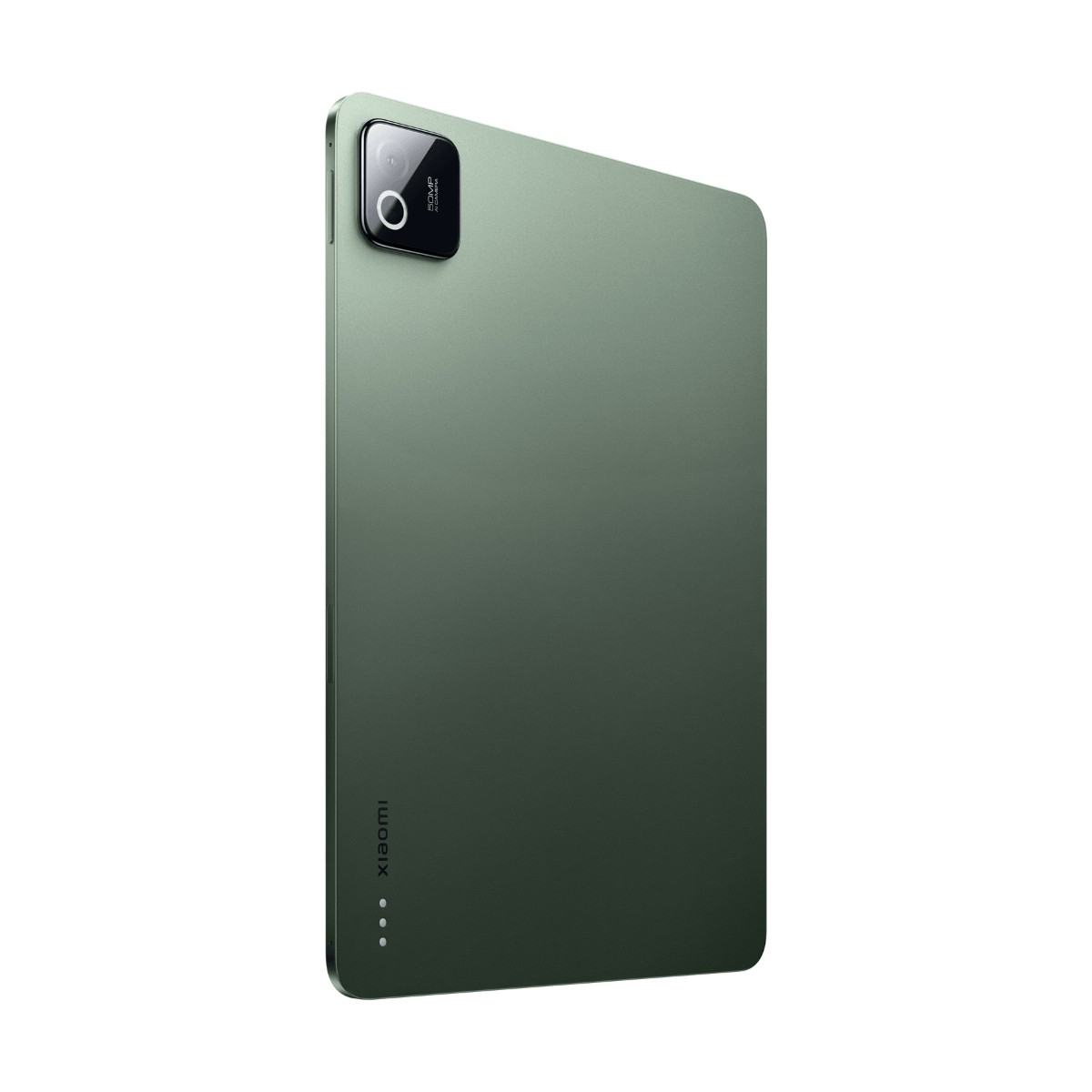 Un tablet Xiaomi verde scuro si erge verticalmente su sfondo bianco, mostrando la fotocamera posteriore e il logo.