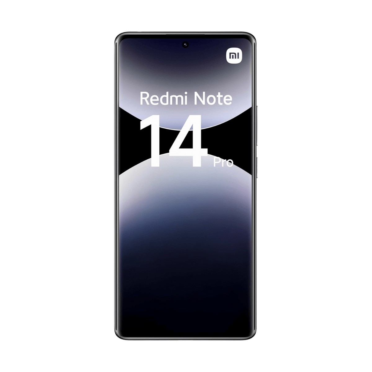 Vista frontale dello smartphone Redmi Note 14 Pro con cornice nera e testo bianco sullo schermo.