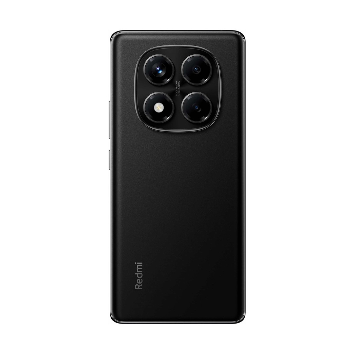 Il retro di uno smartphone Redmi nero con un modulo fotocamera quadrato a quattro lenti.