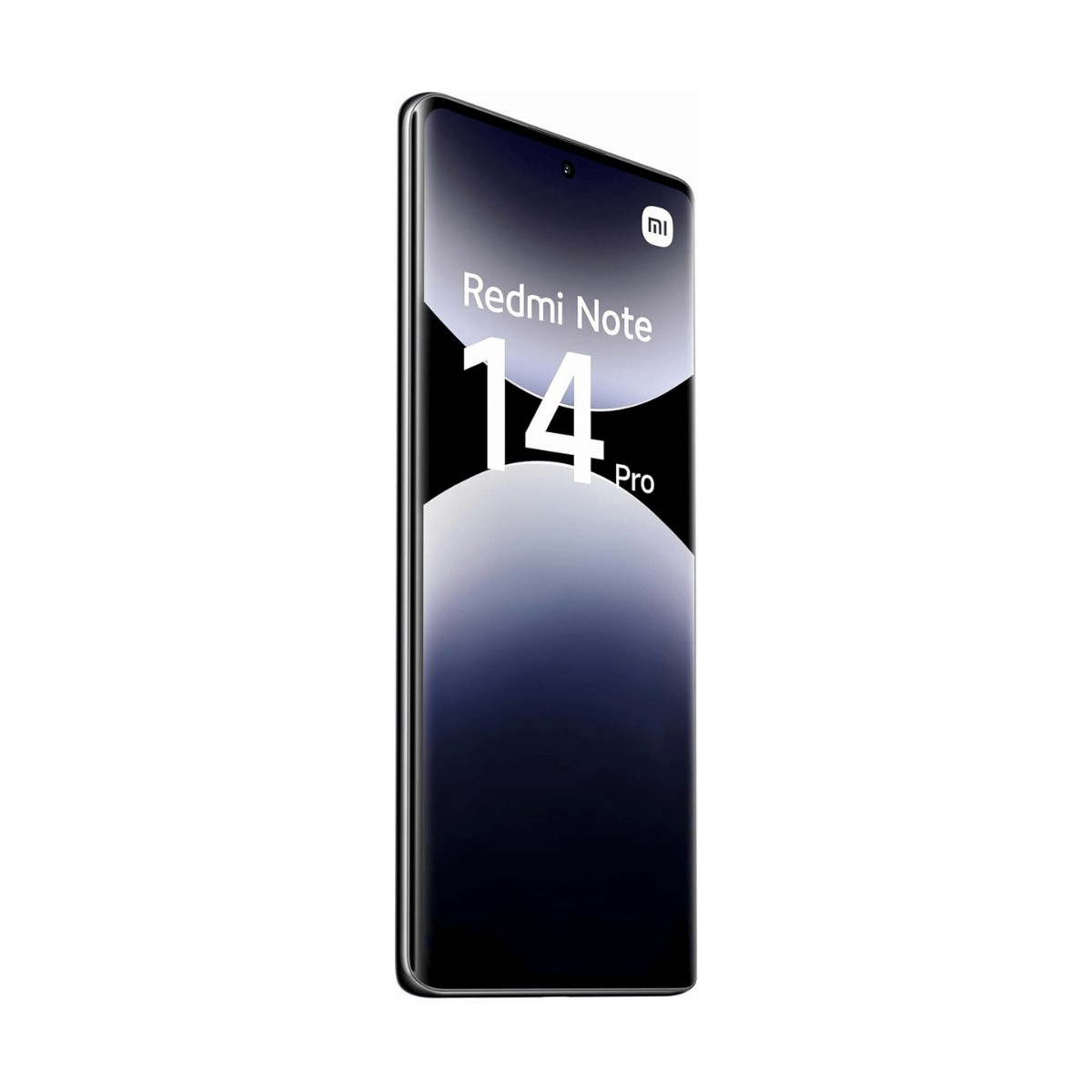Uno smartphone nero Redmi Note 14 Pro con schermo curvo e testo promozionale bianco.