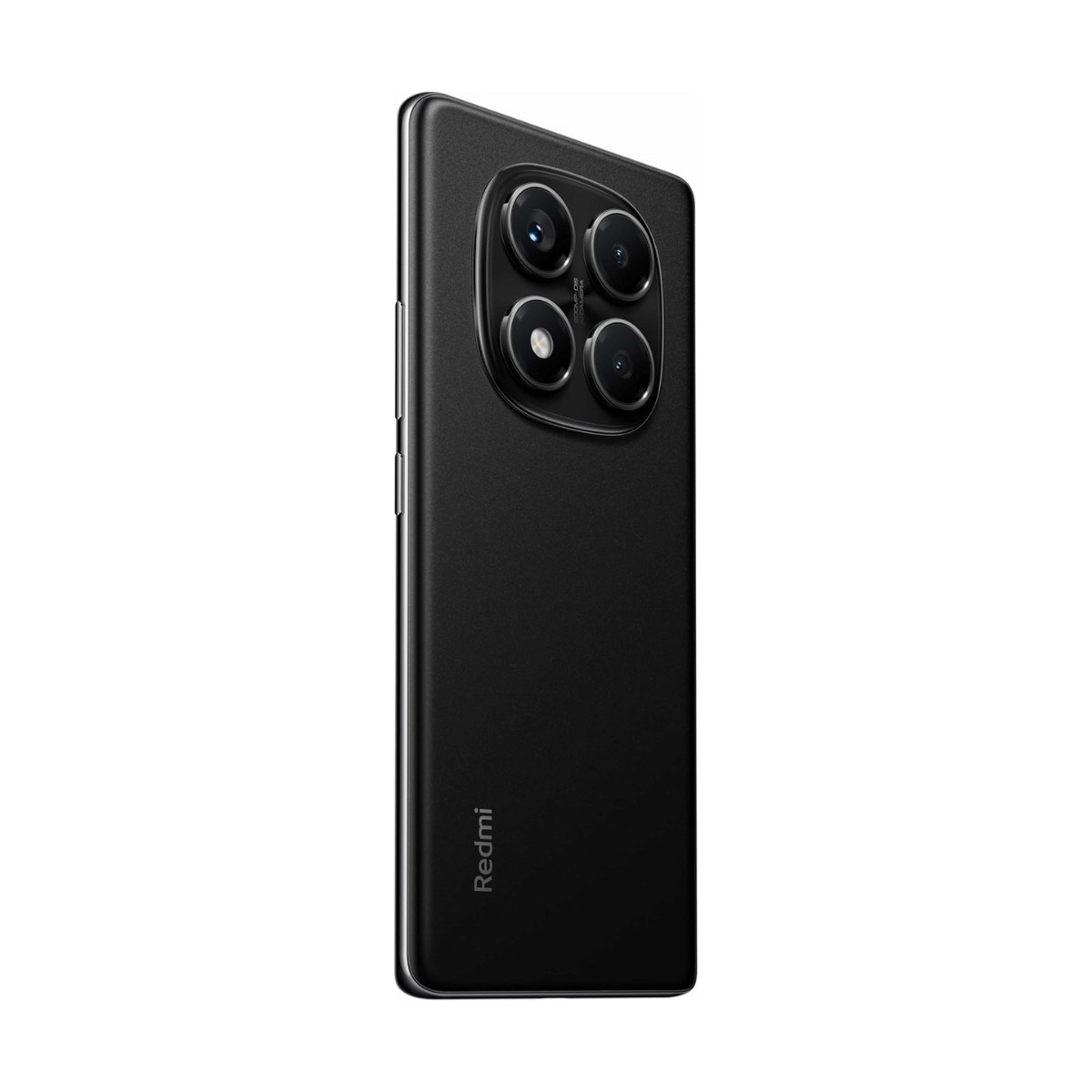 Retro di uno smartphone Redmi nero con modulo fotocamera quadrato e logo.