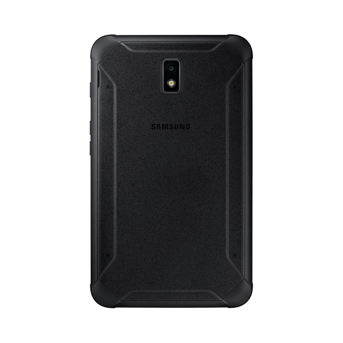 Il retro di un tablet Samsung nero e robusto con angoli arrotondati e una fotocamera.