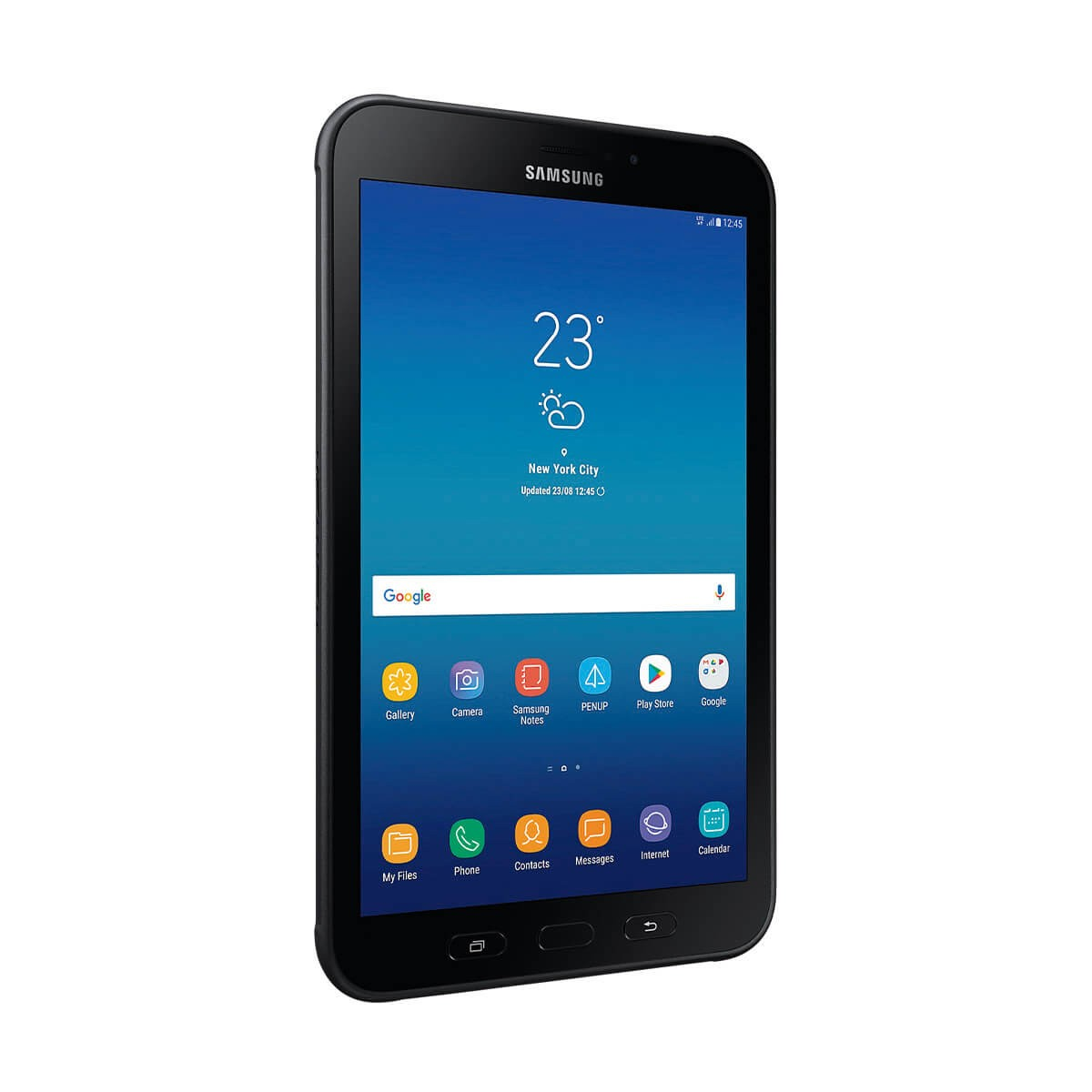Un tablet Samsung nero con lo schermo acceso mostra le icone delle app e un widget meteo.