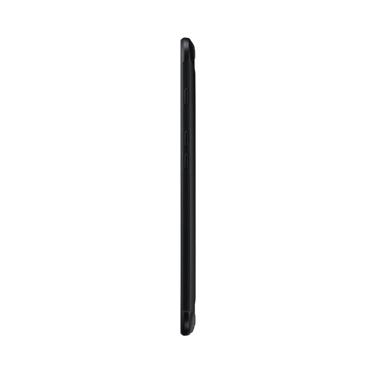 Vista laterale di un tablet nero con pulsanti fisici su sfondo bianco.