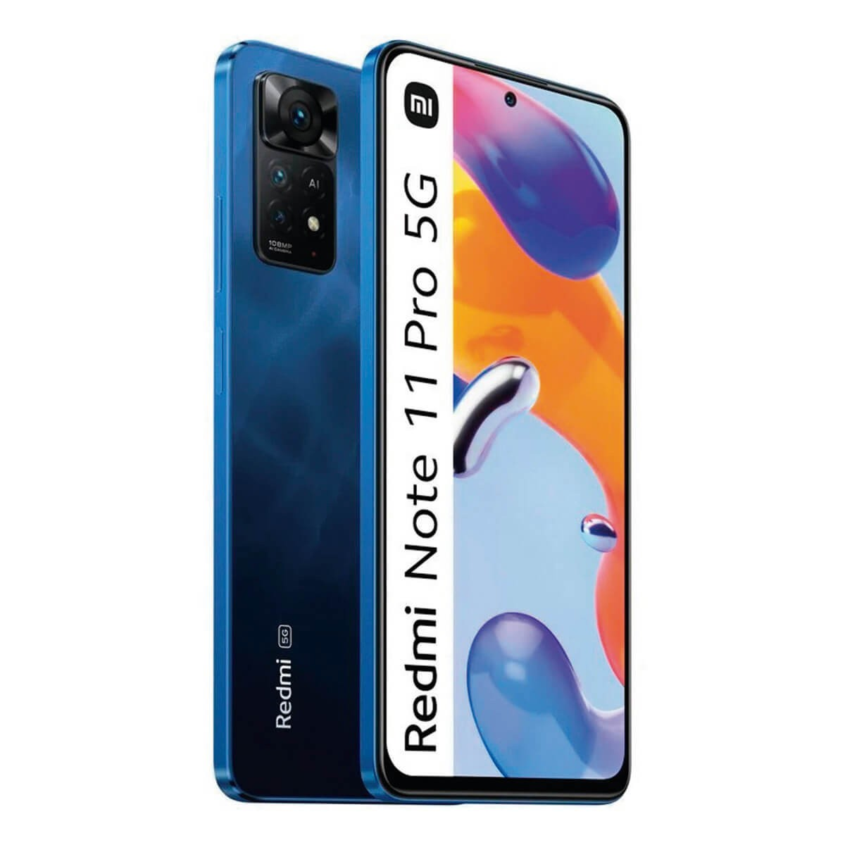 Smartphone blu Redmi Note 11 Pro 5G che mostrano la parte anteriore e posteriore.