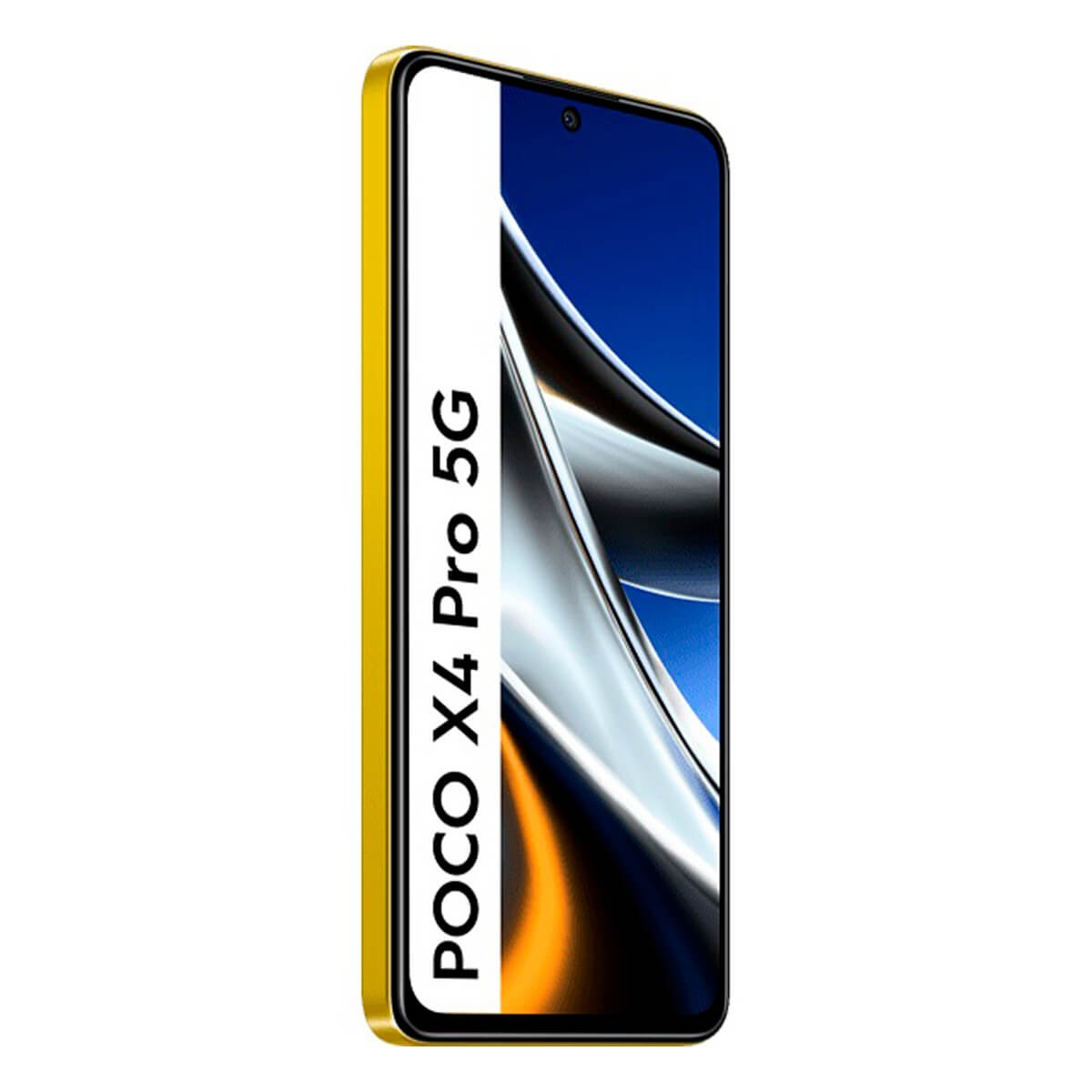Smartphone Poco X4 Pro 5G con cornice gialla e sfondo astratto.