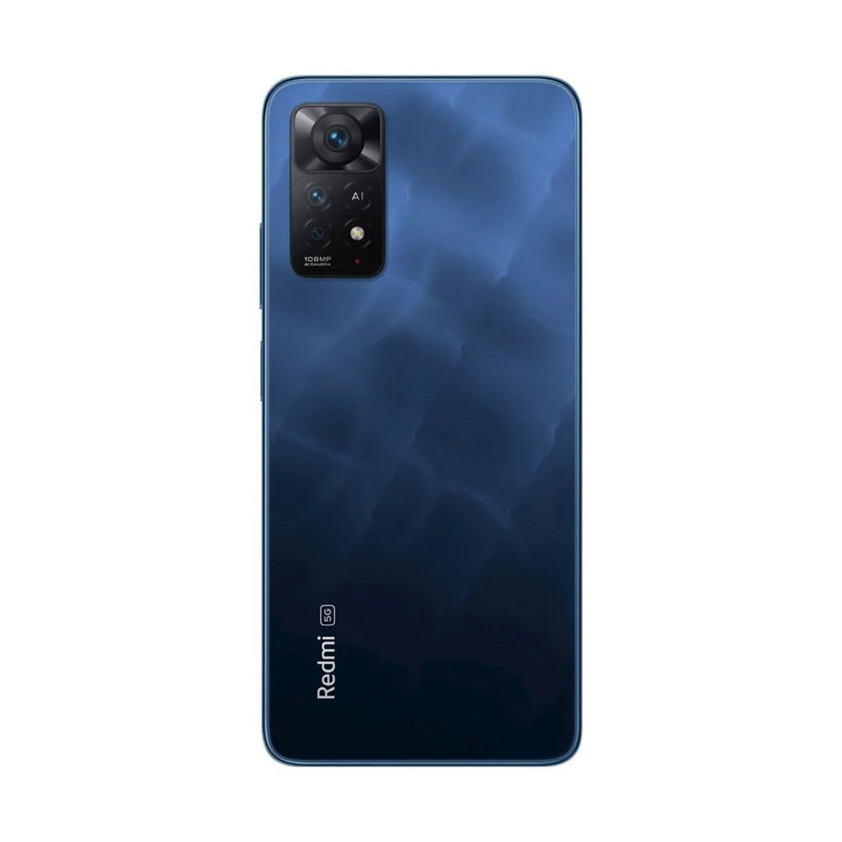 Retro di uno smartphone Redmi blu con modulo a quattro fotocamere e logo Redmi 5G.