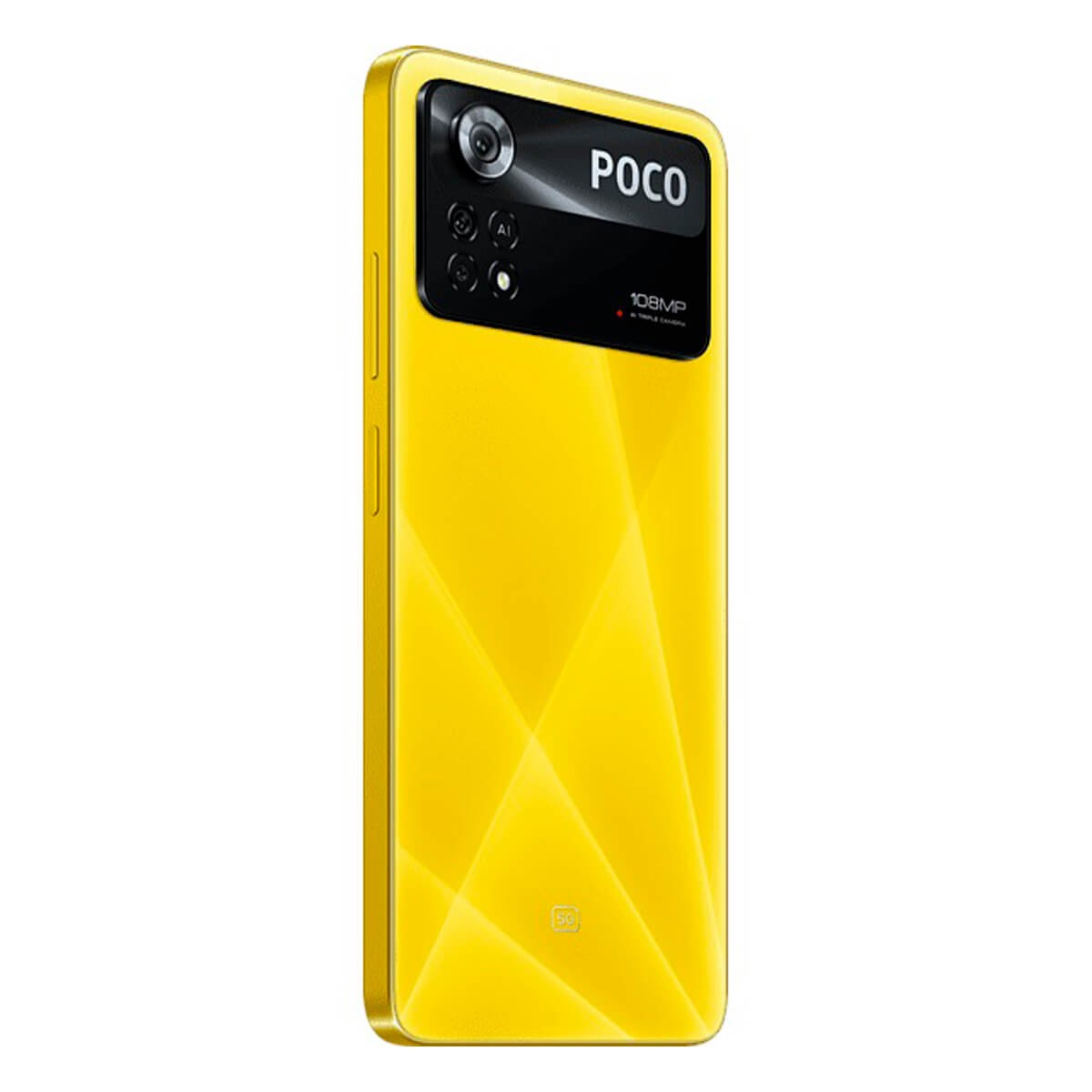 Smartphone POCO giallo visto dal retro, con ampio modulo fotocamera e logo 108MP.