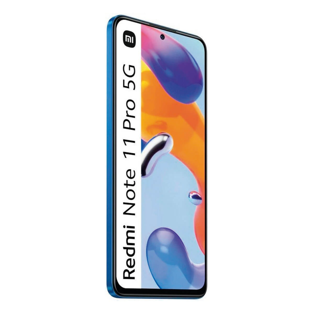 Uno smartphone Redmi Note 11 Pro 5G blu su sfondo bianco.