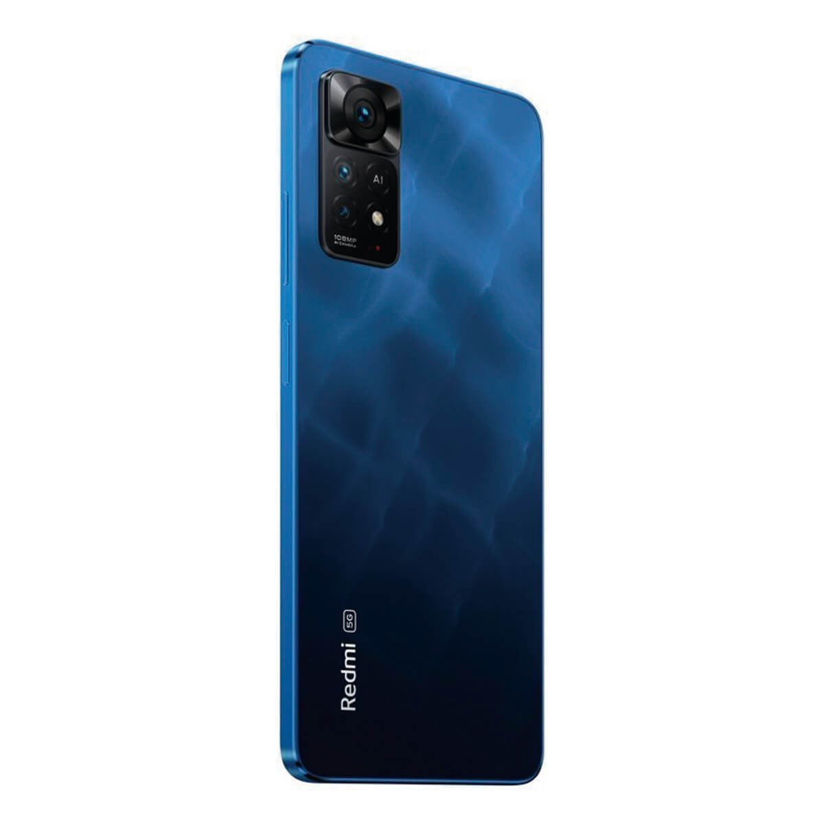 Uno smartphone blu lucido mostra il retro con un modulo a quattro fotocamere e il logo Redmi 5G.