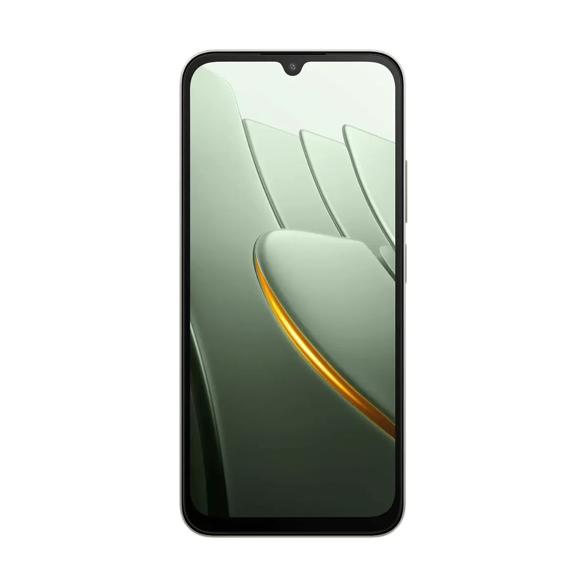 Smartphone che mostra uno sfondo astratto verde con curve arancioni luminose.