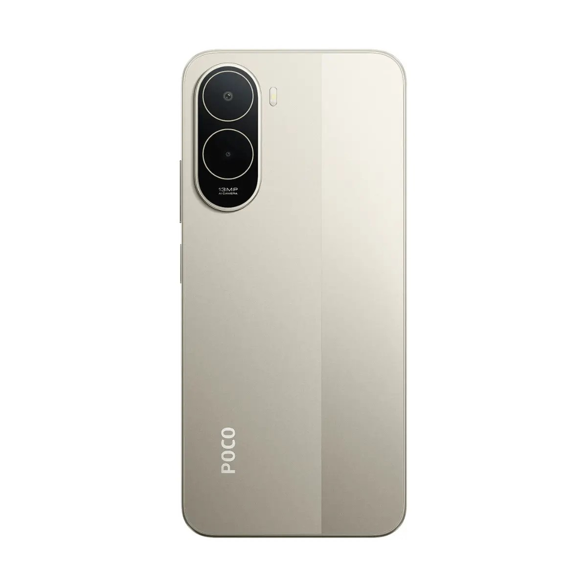 Retro di uno smartphone POCO beige con due fotocamere verticali e il logo POCO in basso a sinistra.