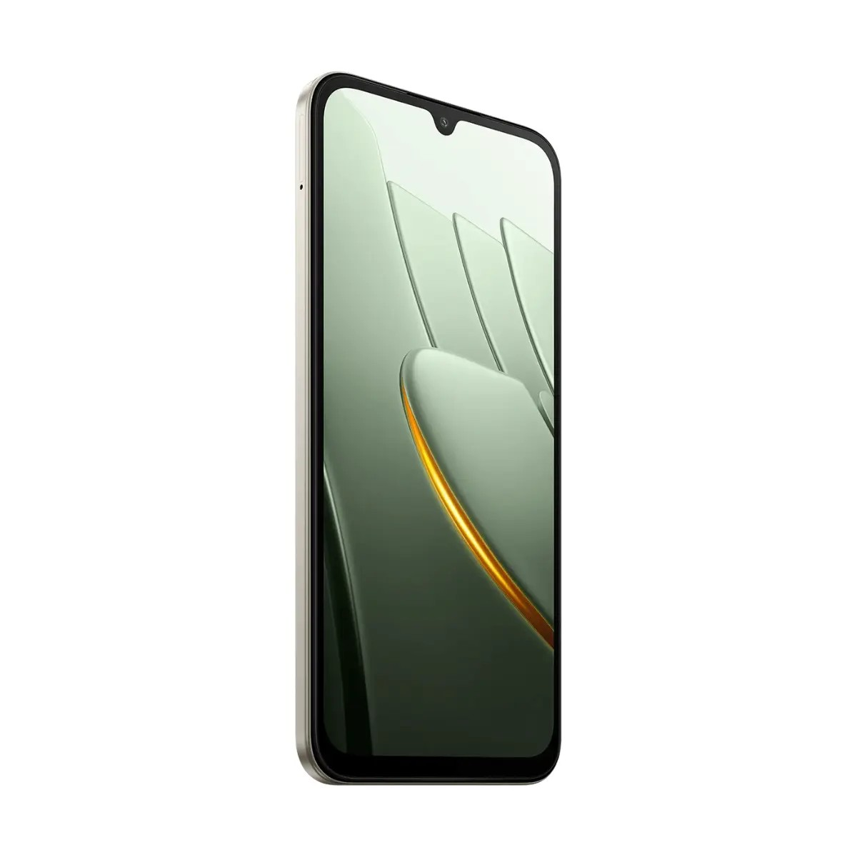 Uno smartphone argento con schermo verde chiaro e forme astratte.
